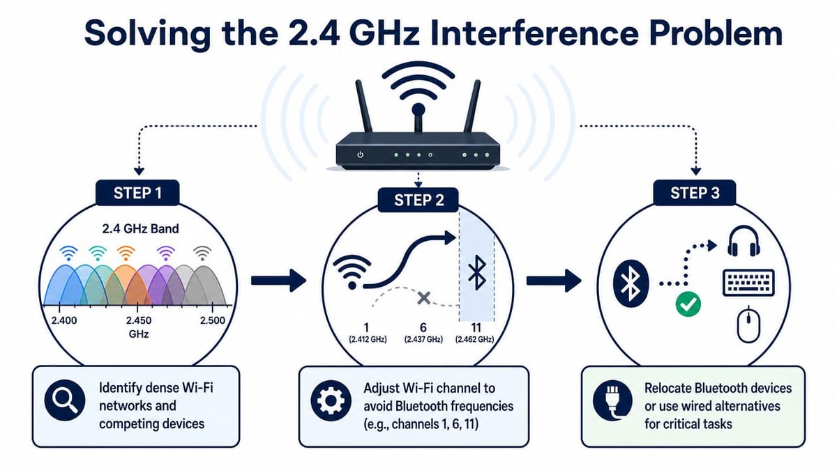 A diagram illustrating three steps to resolve 2.4 GHz interference between Wi-Fi networks and Bluetooth devices.