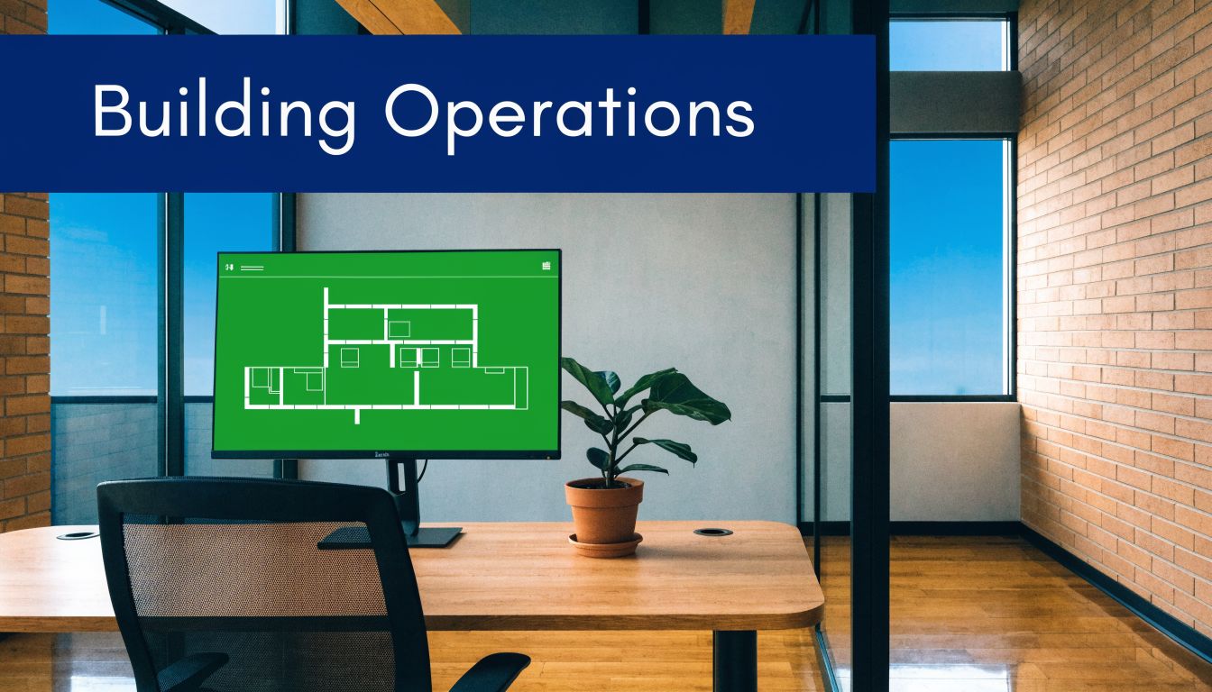 A modern office workspace featuring a computer screen displaying a green building floor plan layout.
