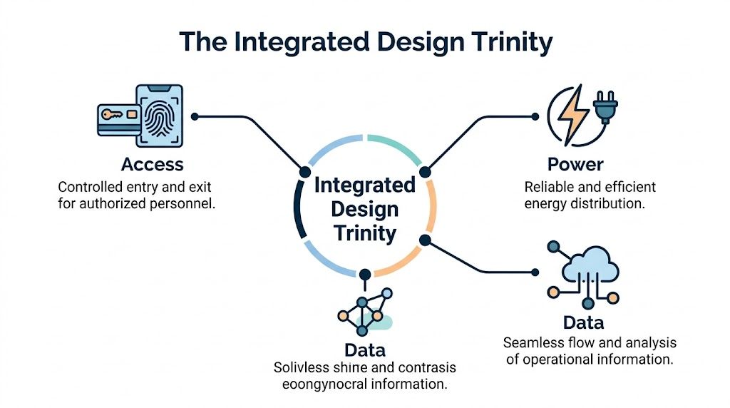 A diagram titled The Integrated Design Trinity displaying three components: Access, Power, and Data, connected centrally.