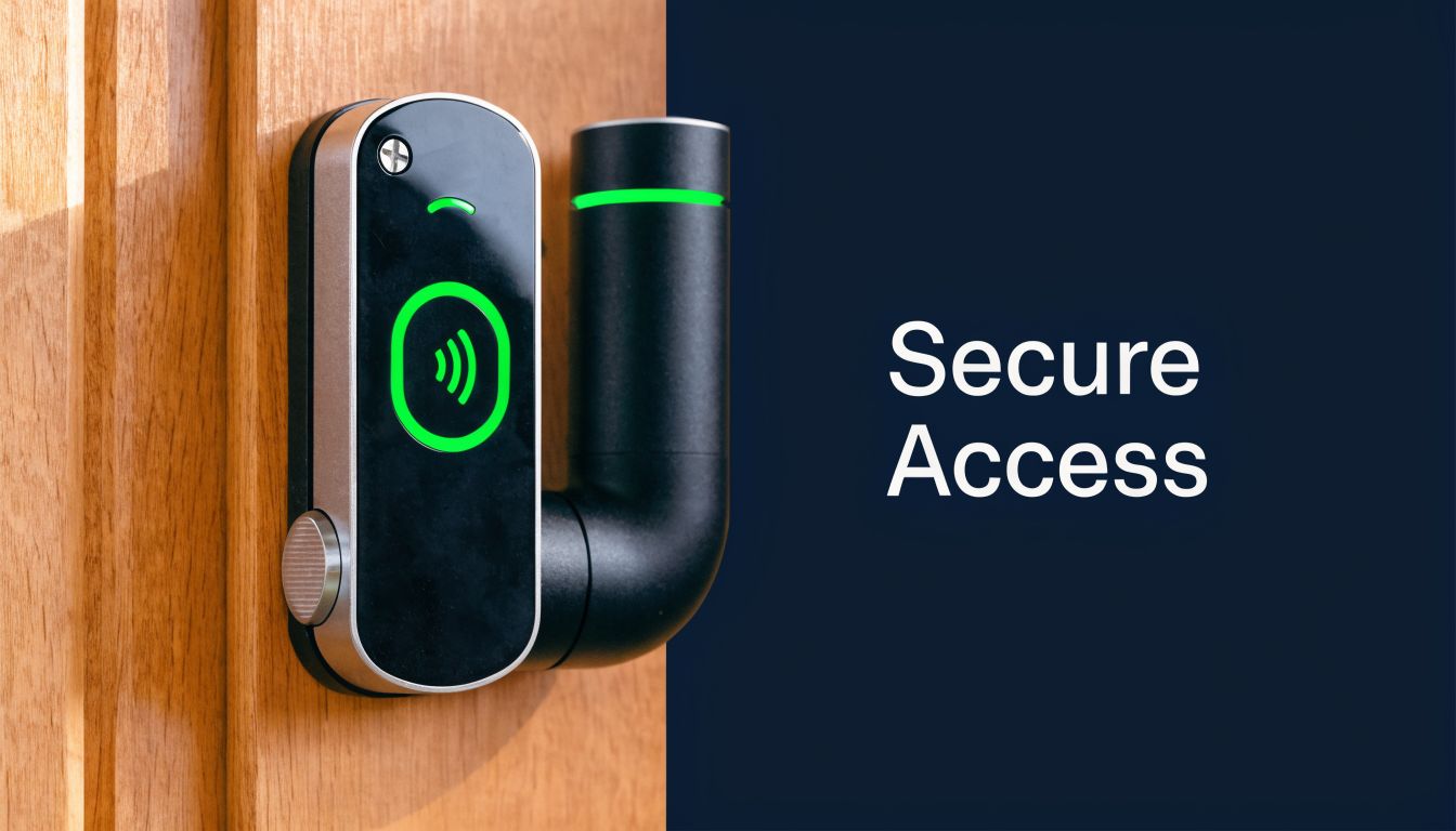 A modern electronic smart lock with an illuminated green RFID reader mounted on a wooden door frame.