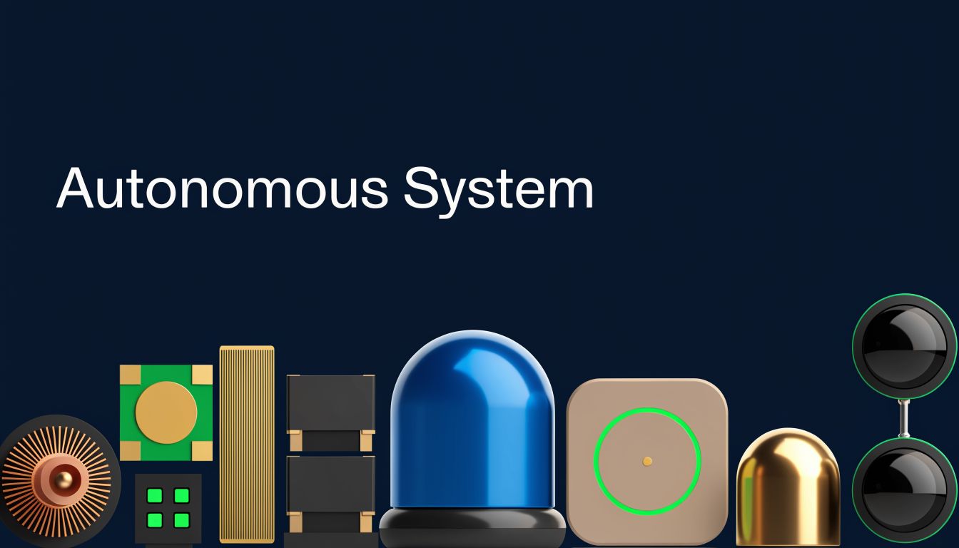 A sleek 3D rendered graphic featuring various abstract electronic components arranged below the text Autonomous System.