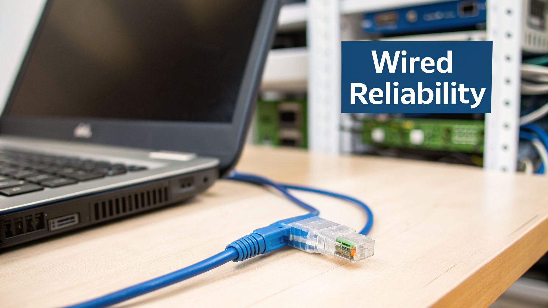 Laptop connected to a blue Ethernet cable, with blurred network server racks in the background.