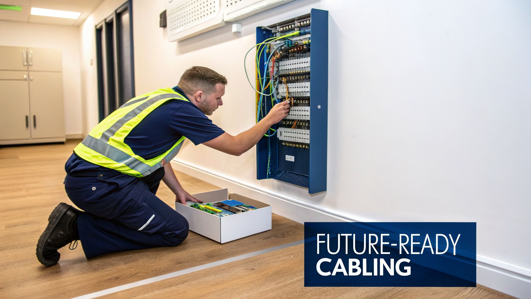 A technician in a safety vest kneeling, installing colorful cables in a blue network panel on a white wall.