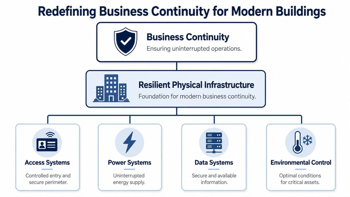 A diagram illustrating how resilient physical infrastructure supports business continuity through access, power, data, and environmental systems.