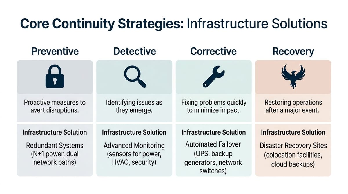 A diagram illustrating core business continuity strategies including preventive, detective, corrective, and recovery infrastructure solutions.