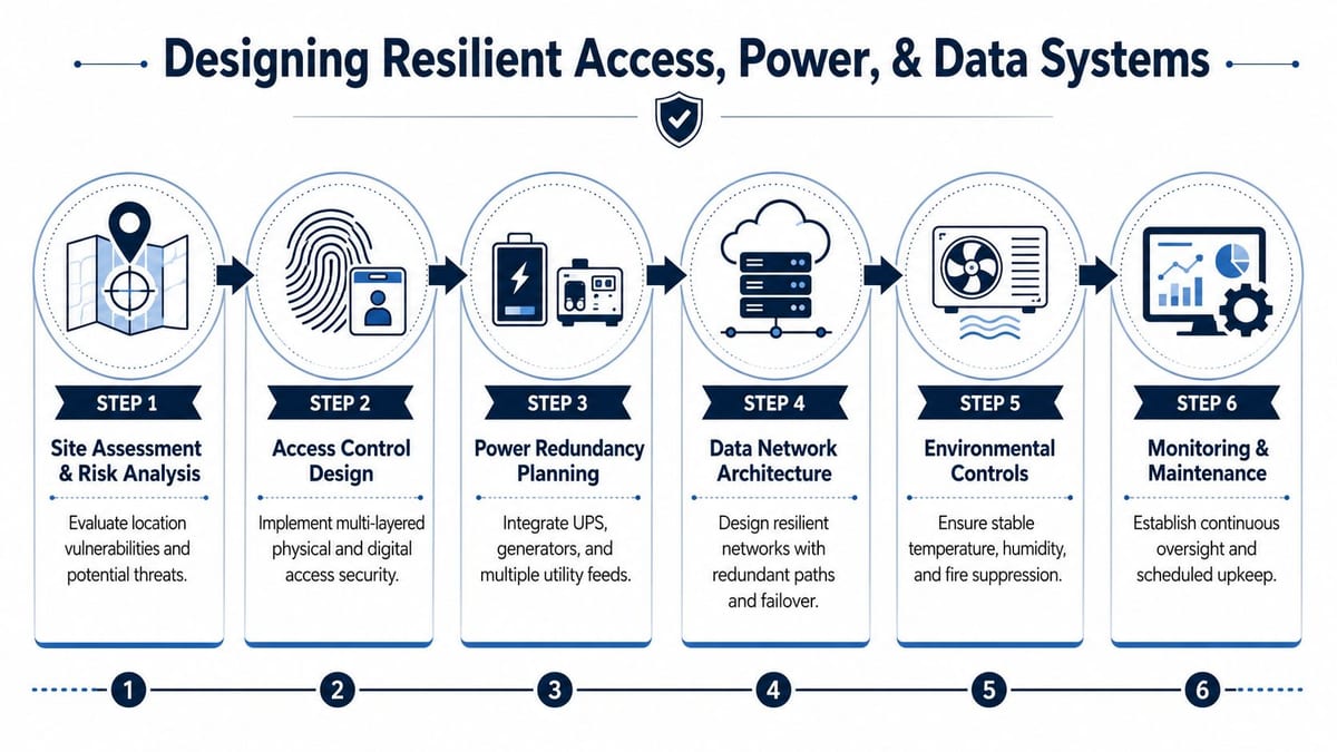 A six-step infographic illustrating a workflow for designing resilient facility access, power, and data infrastructure systems.