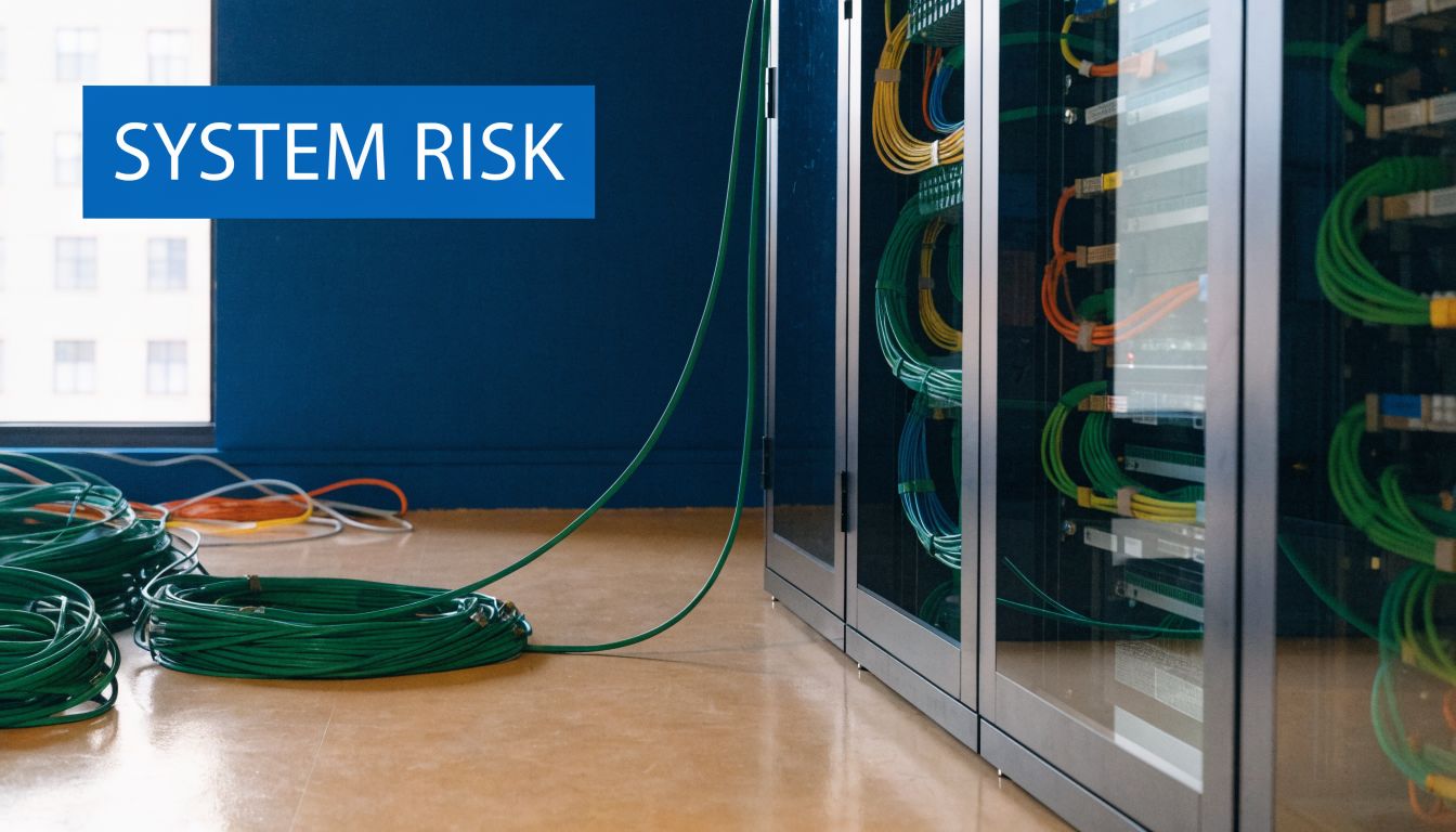 A server room with coiled green Ethernet cables on the floor next to racks of networking equipment.