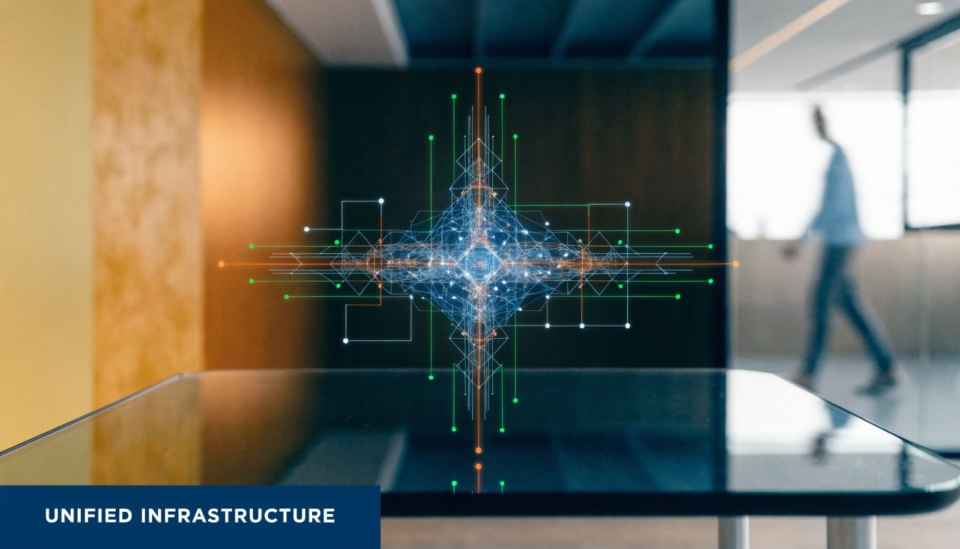A holographic digital network structure hovering above a modern glass office desk with a blurred figure walking