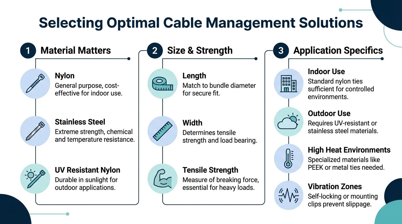 A helpful infographic outlining three main factors for selecting optimal cable management solutions, including material, size, and application.