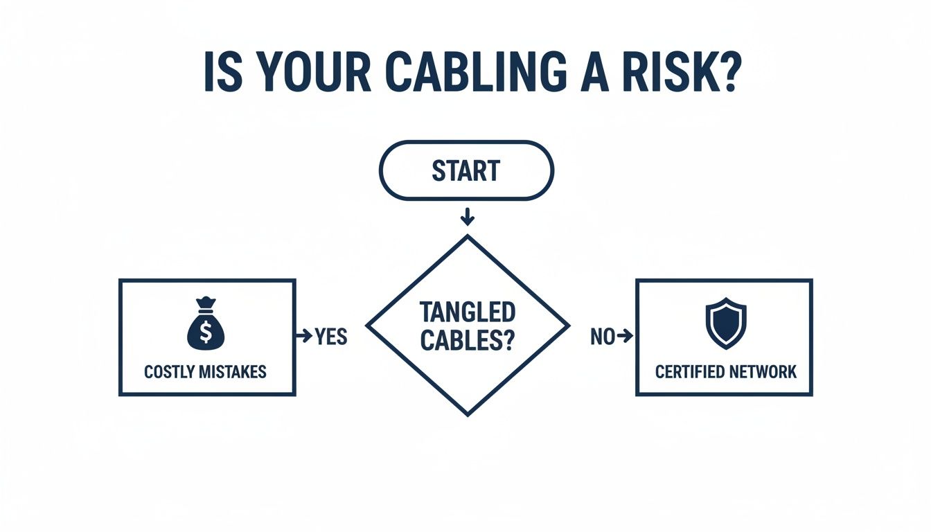 Flowchart illustrating if tangled cabling is a risk, leading to costly mistakes or a certified network.