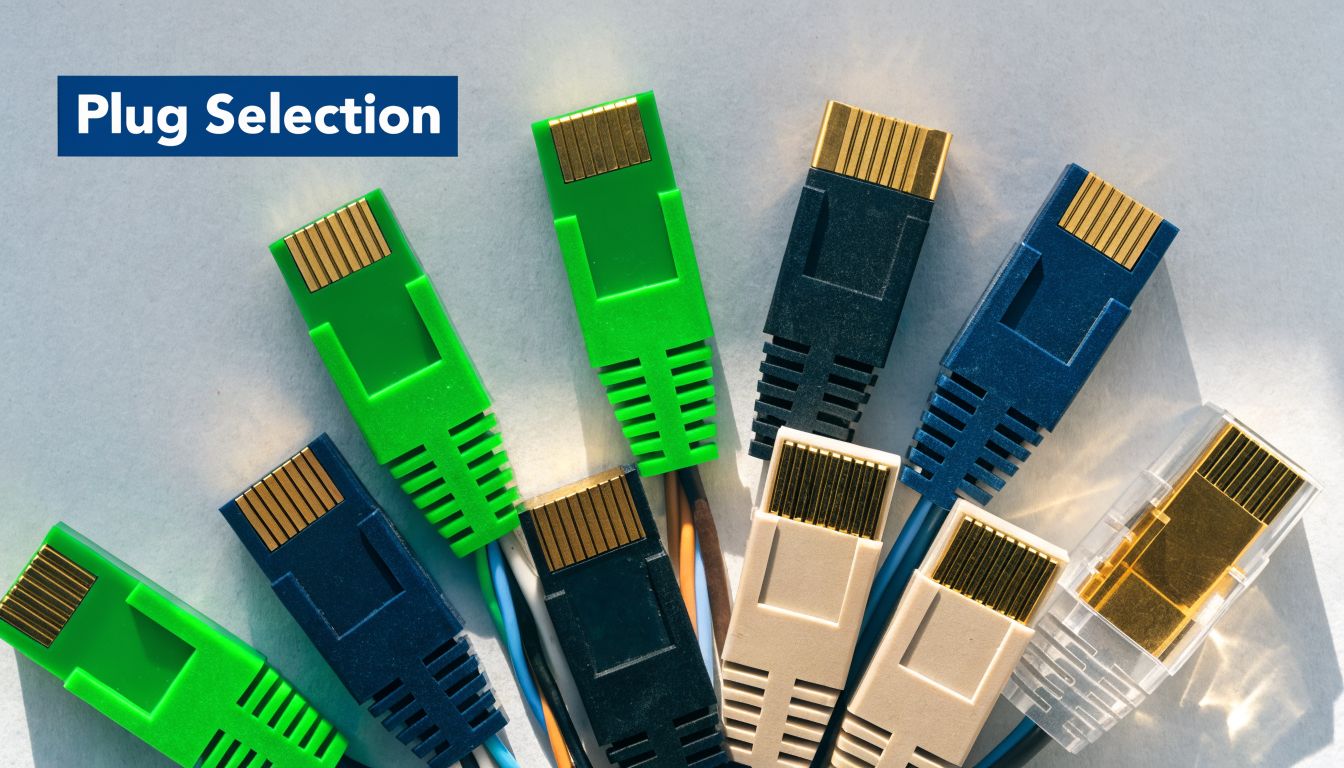 A colorful collection of assorted Ethernet network cable plugs arranged in a fan shape on white paper.