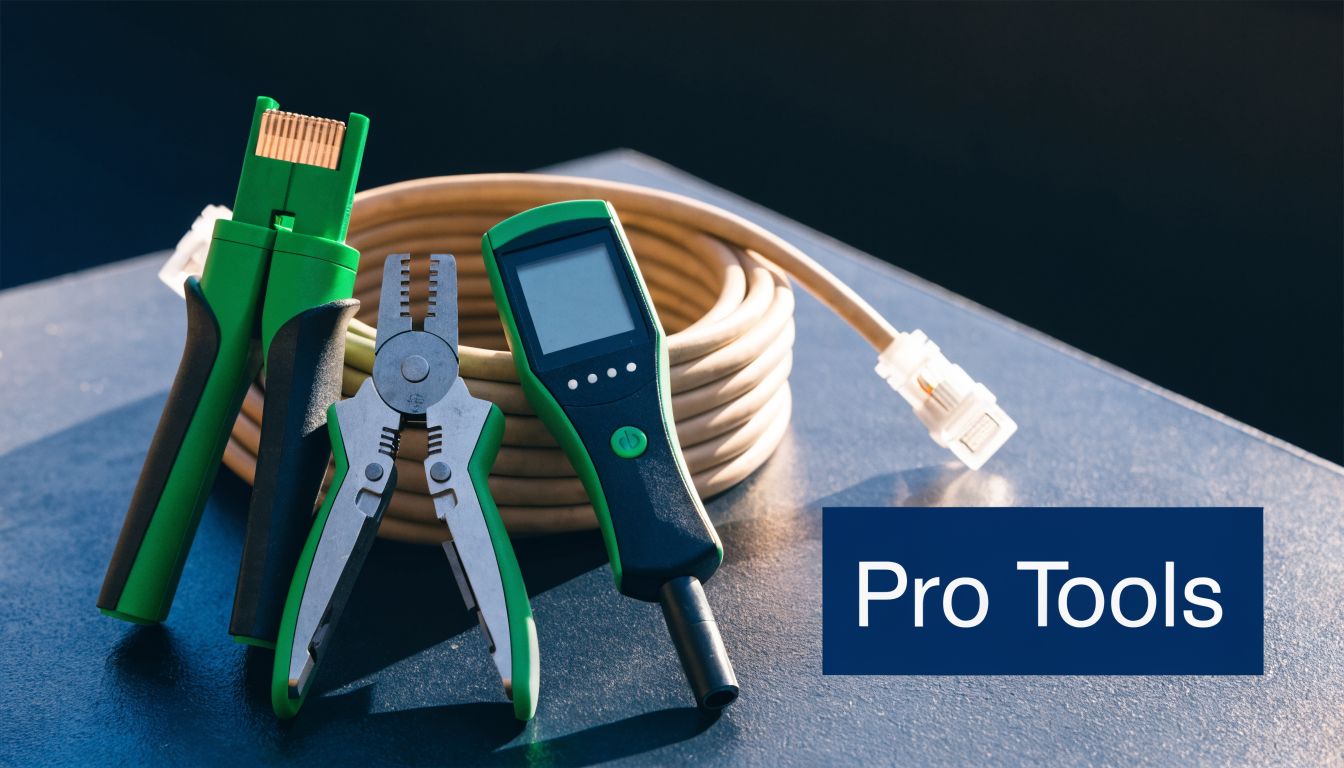 A set of networking tools including wire strippers, a cable tester, and Ethernet cable on a table.
