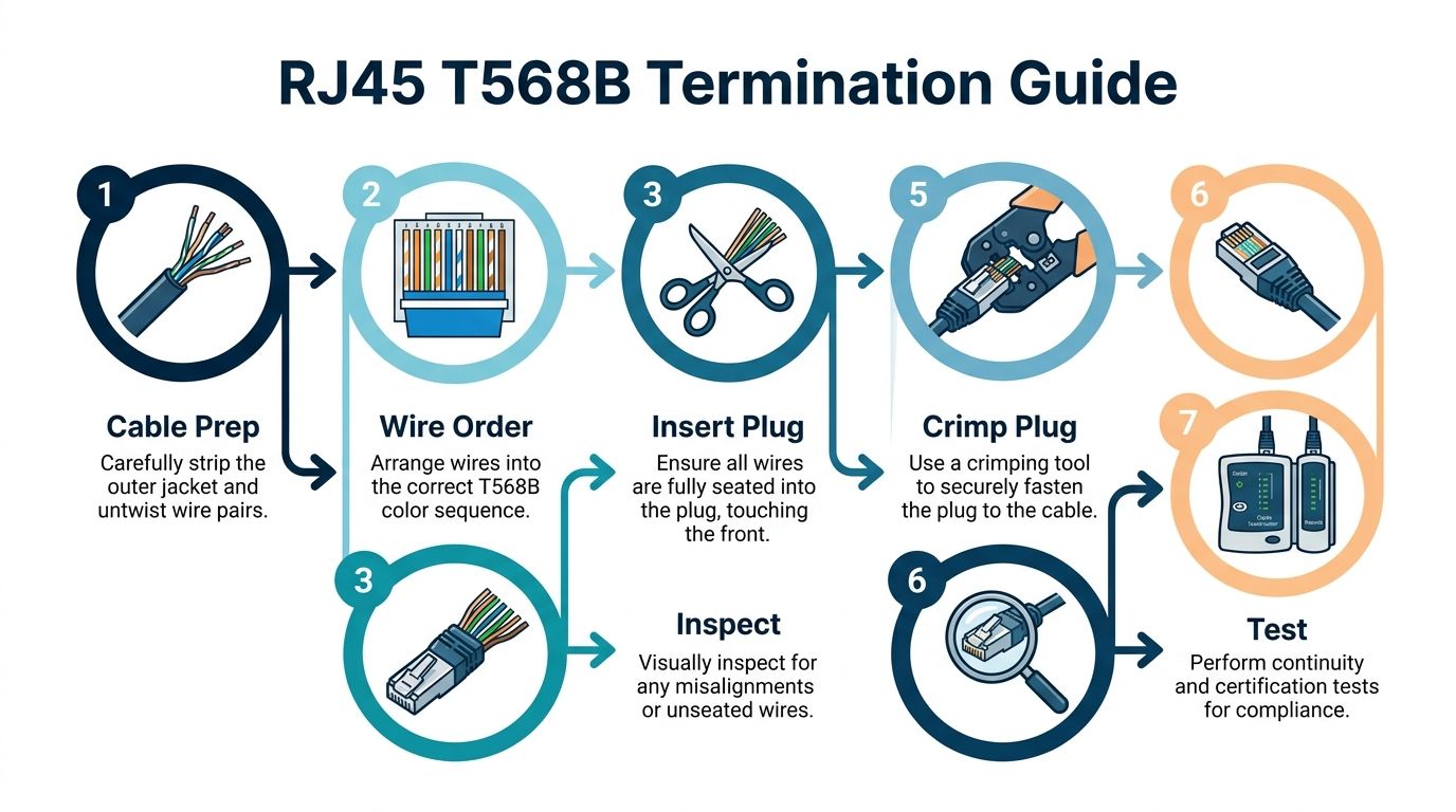 A detailed step-by-step instructional infographic showing the process for terminating RJ45 Ethernet cables with T568B wiring.