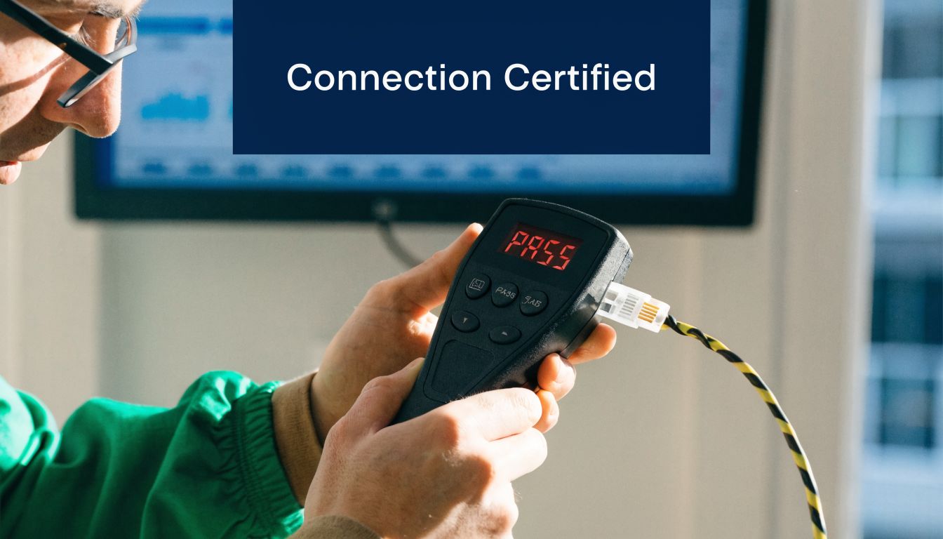 A technician using a digital cable tester displaying PASS to verify a Cat 5 connection.
