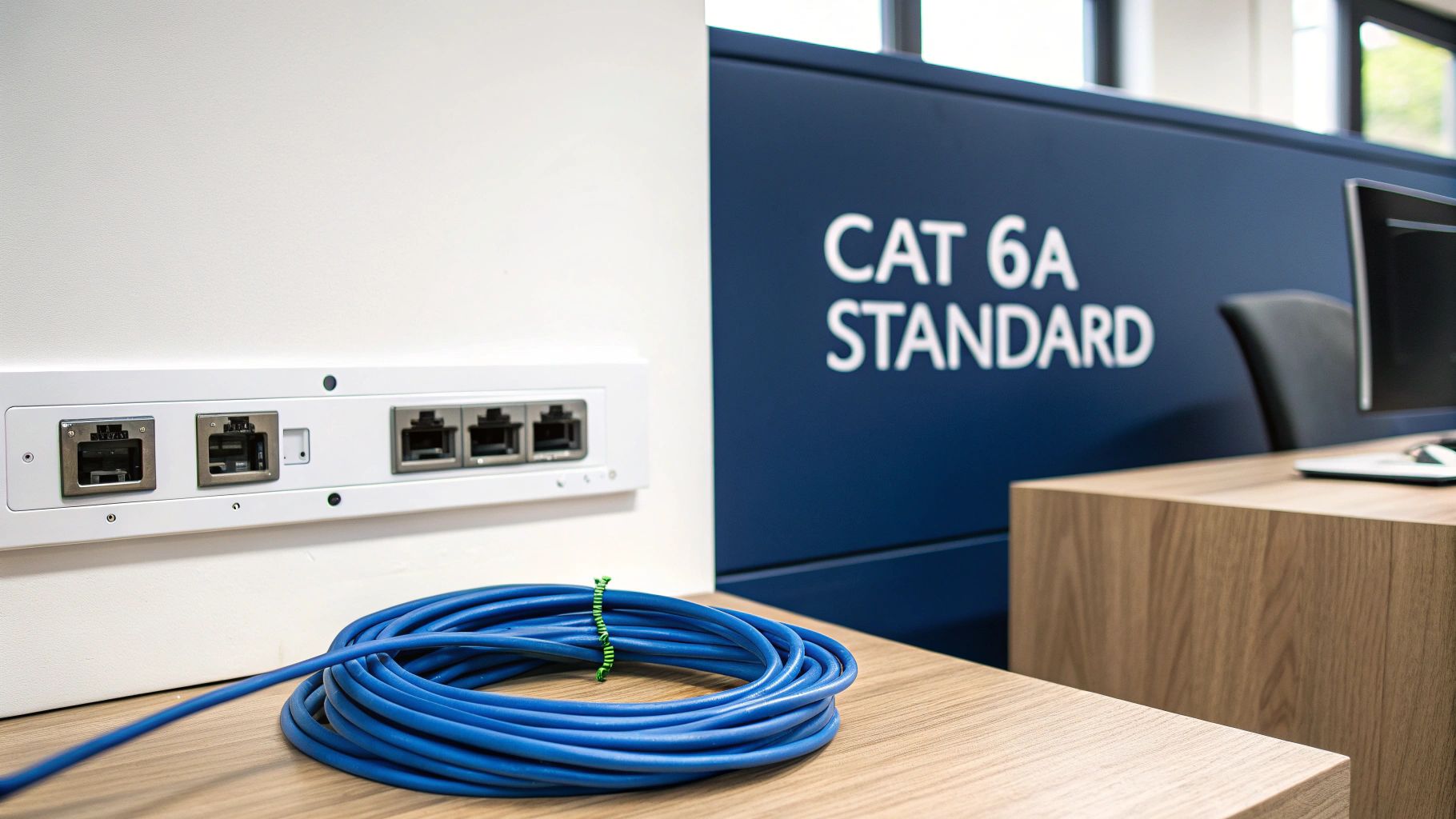 A blue CAT 6A ethernet cable coiled on a wooden desk next to multiple network ports.