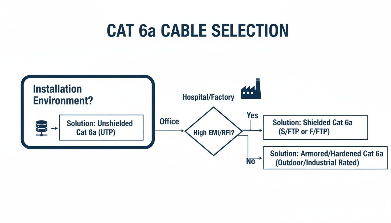 Flowchart illustrating CAT 6a cable selection based on installation environment and electromagnetic interference (EMI/RFI).