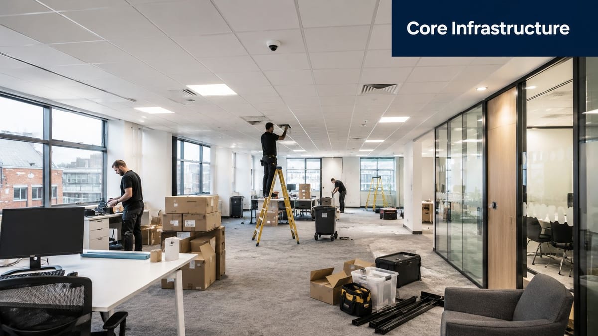Technicians working on a CCTV system installation in a modern office space with furniture and tools.