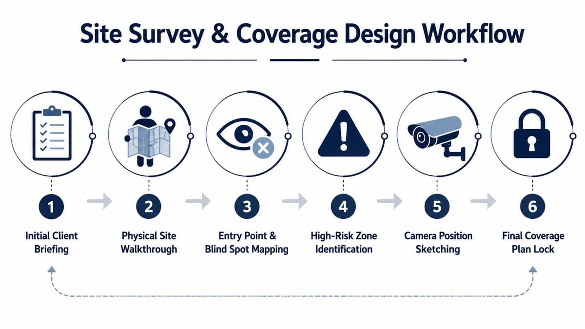 A flowchart showing the six-step professional site survey and coverage design workflow for security camera installations.