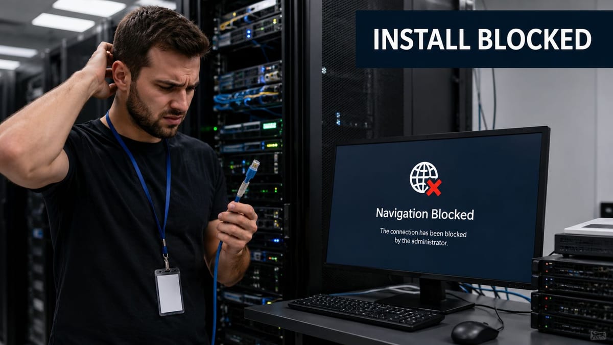 A confused IT technician stands in a server room holding an Ethernet cable while facing a blocked connection screen.