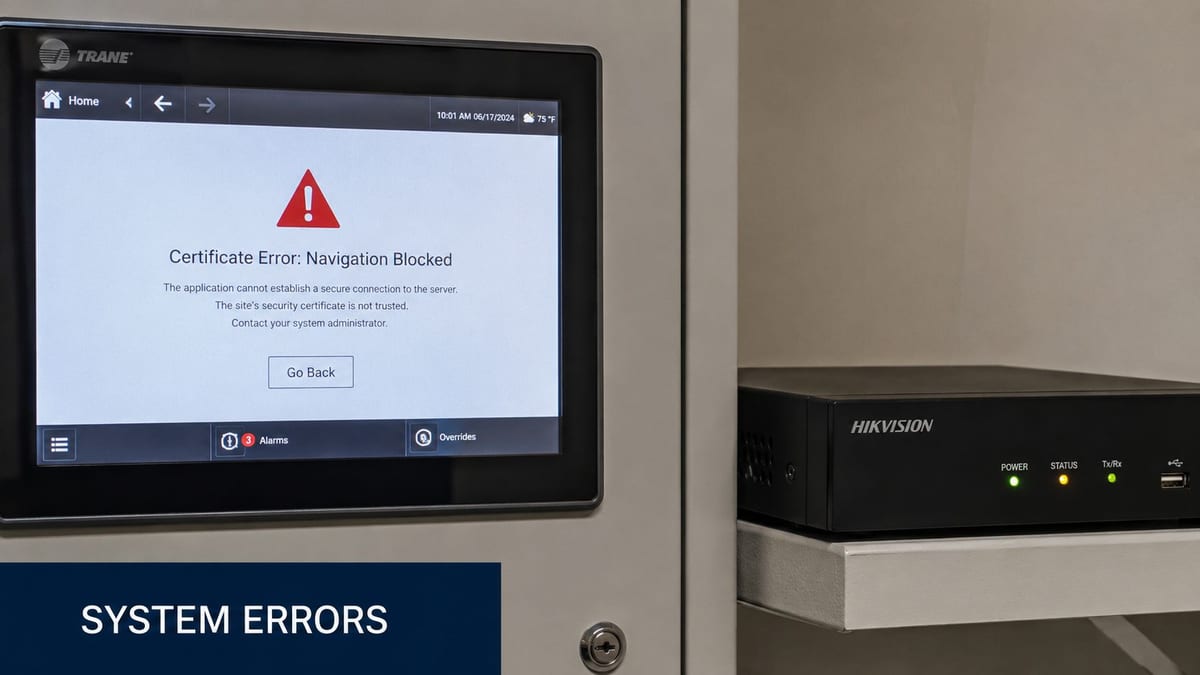A Trane display screen showing a certificate error navigation blocked message next to a Hikvision device.