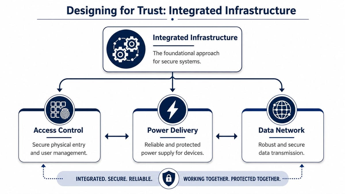 A diagram illustrating an integrated infrastructure approach for secure systems, including access control, power delivery, and data networks.
