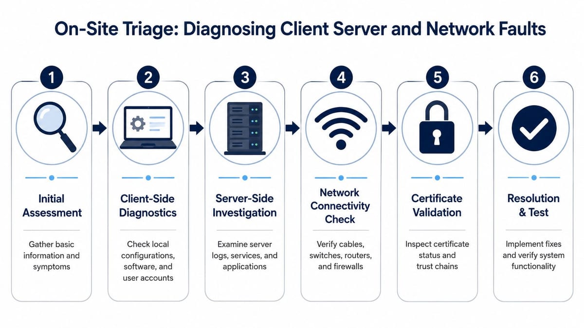 A six-step infographic showing the process for diagnosing client server and network technical faults on-site.