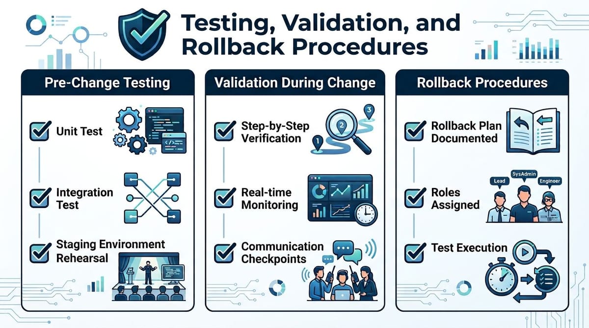 A diagram outlining the procedures for Testing, Validation, and Rollback during IT change management processes.