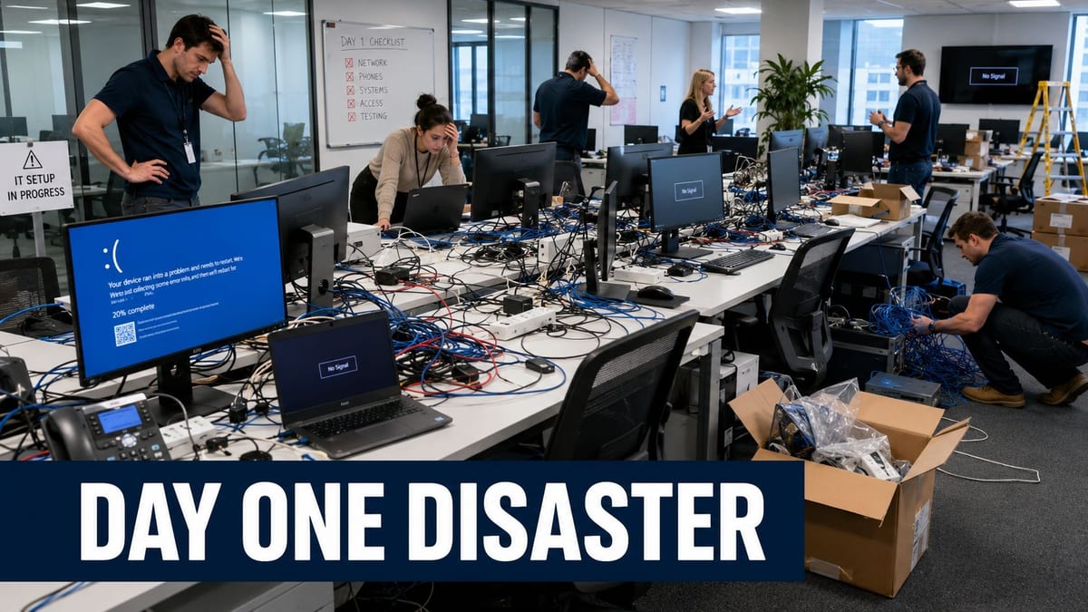 Stressed IT team working in a messy office with computer issues during a failed server setup.