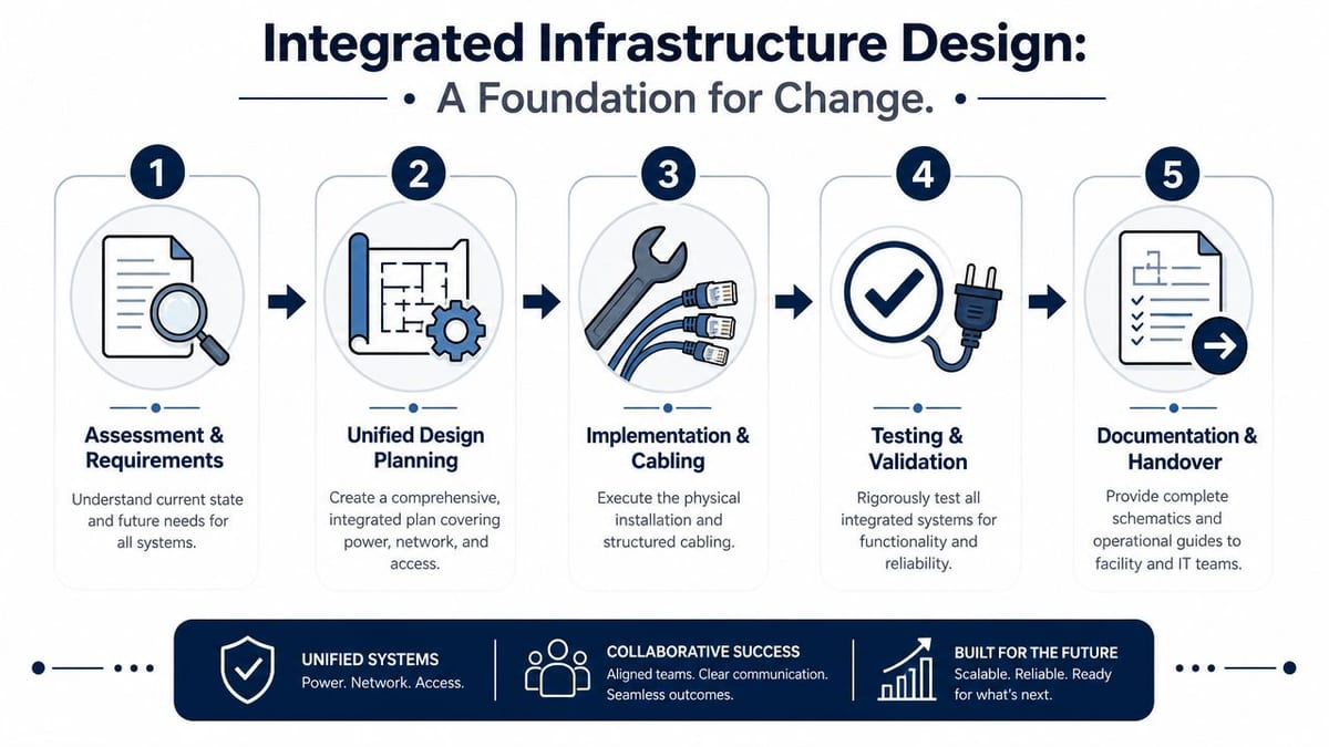 A five-step infographic detailing an integrated infrastructure design process for successful business change management and systems implementation.