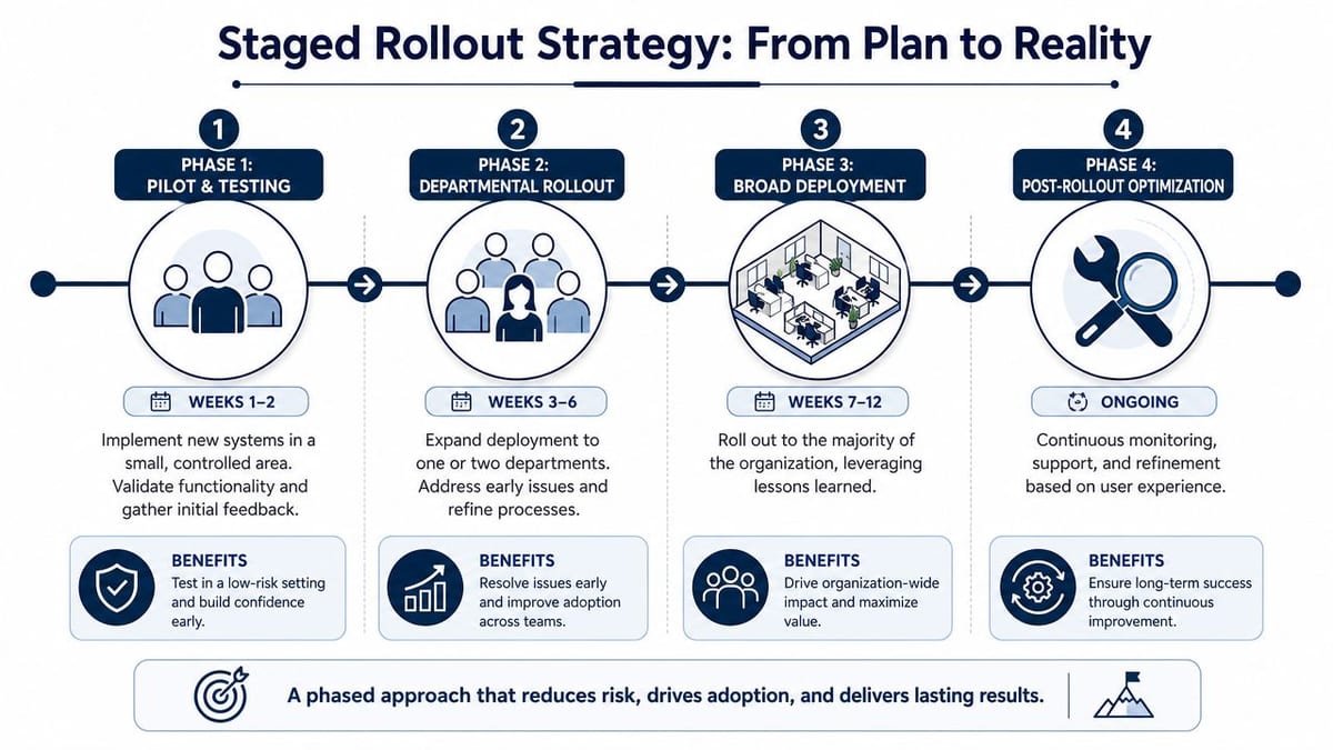 A diagram outlining a four-phase staged rollout strategy for organizational change management from pilot to optimization.