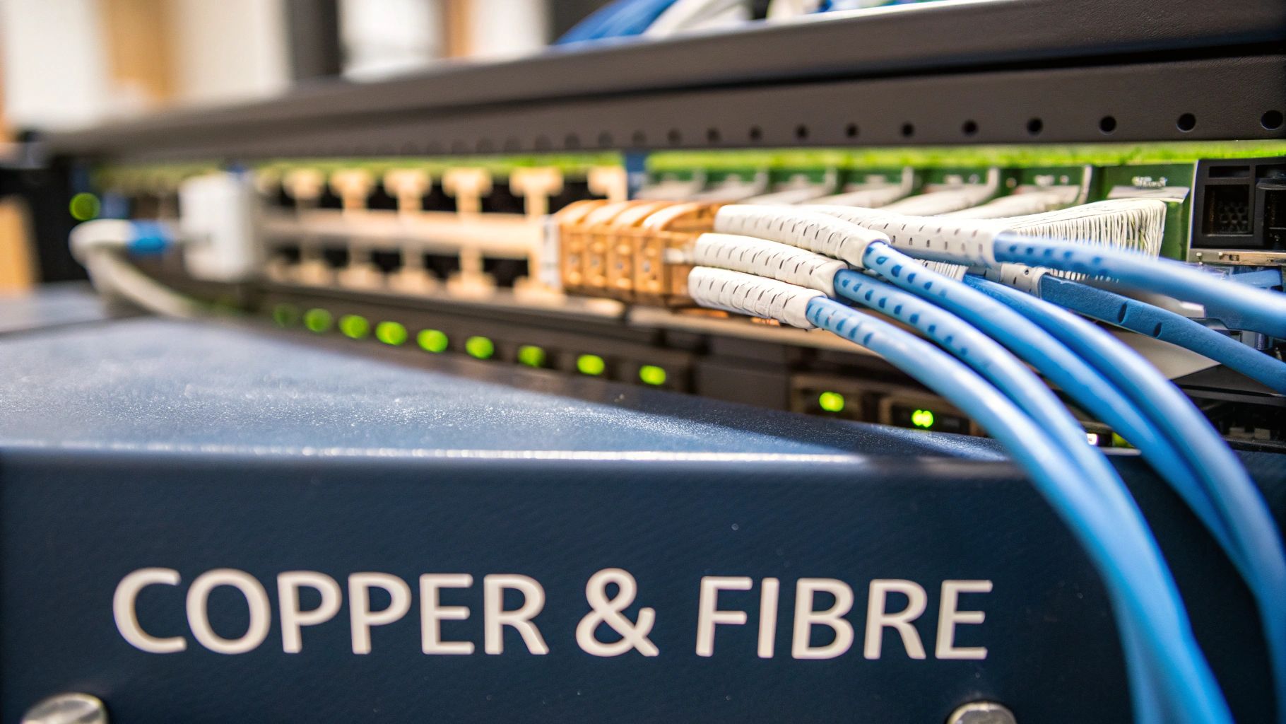 Close-up of network cables connected to a switch with green indicator lights, labeled 'Copper & Fibre'.