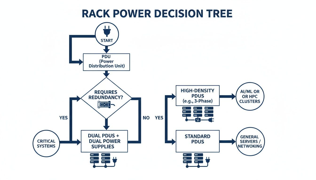 Flowchart outlining rack power distribution unit (PDU) selection based on redundancy and system needs.