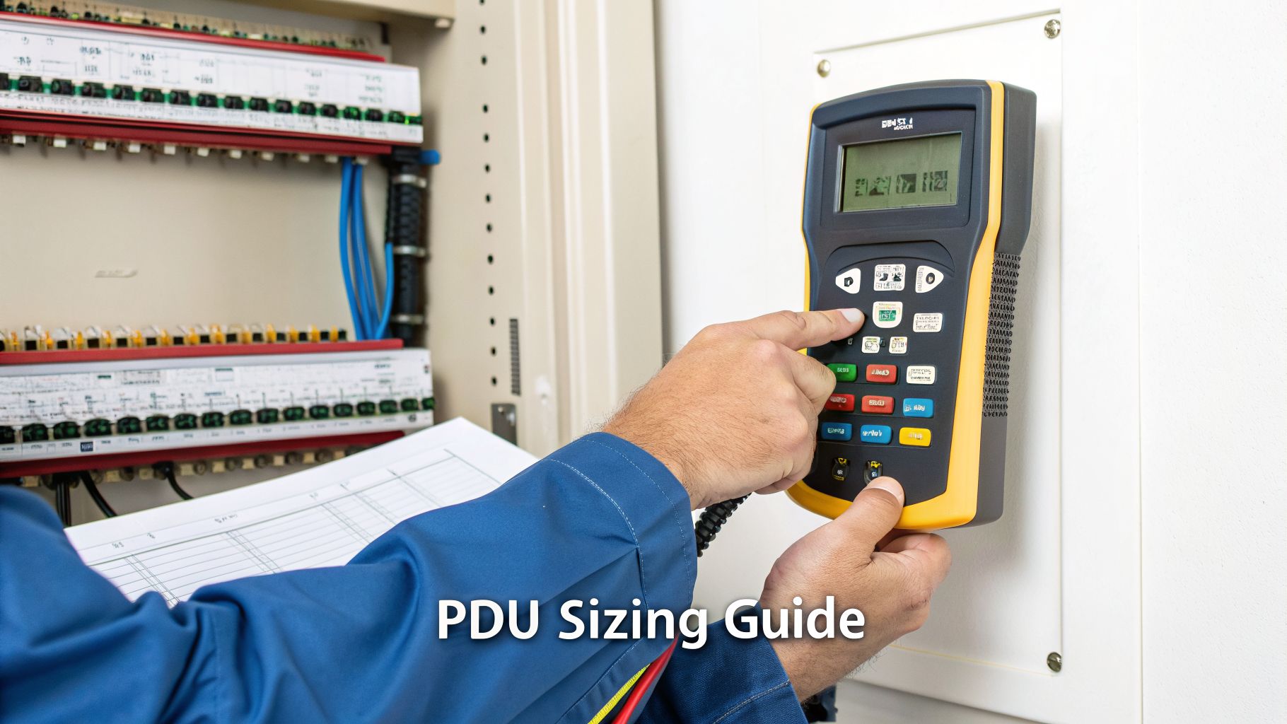 An electrician in a blue uniform operates a power analyzer next to an electrical panel with wires.