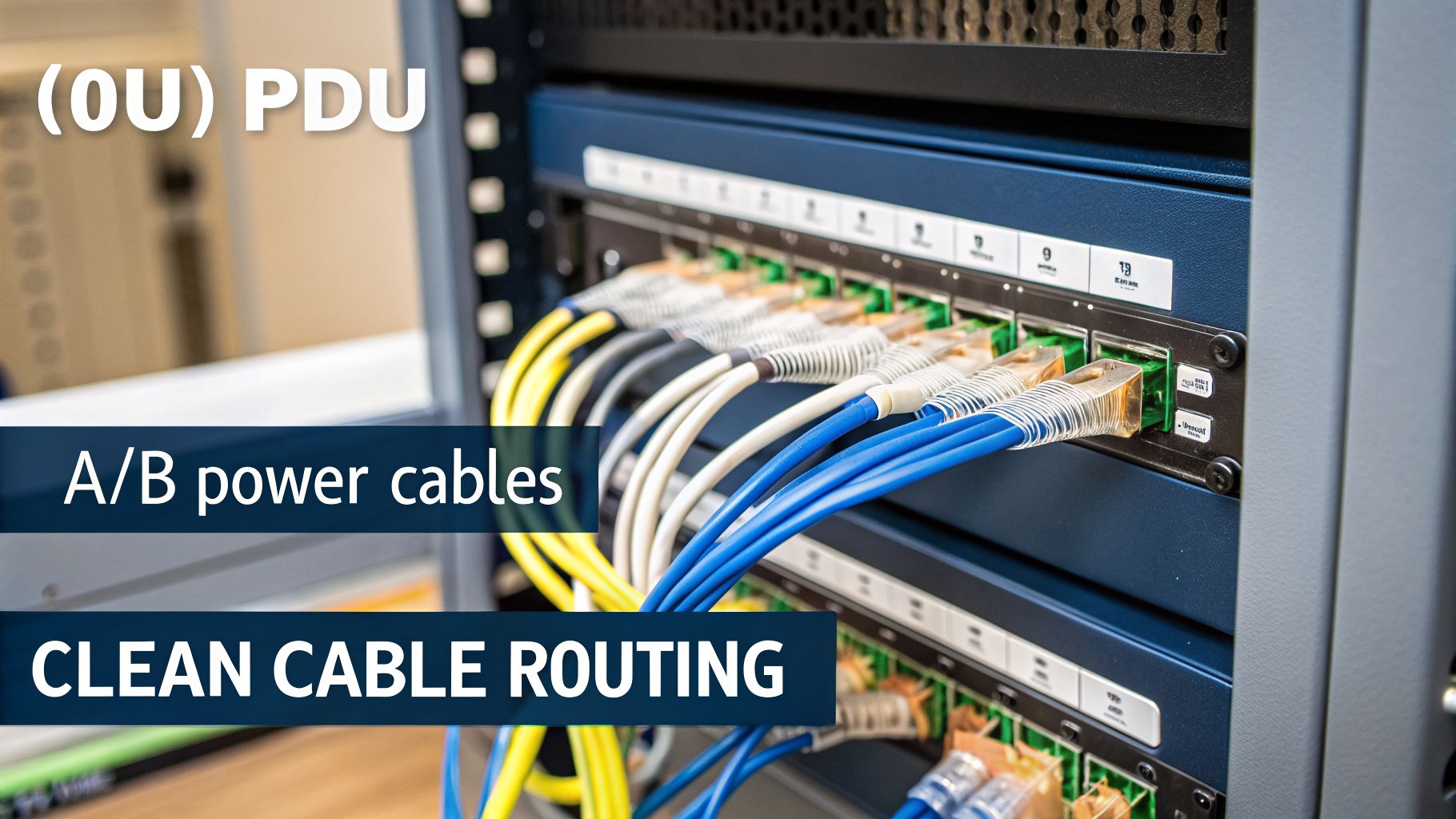 Neatly routed network cables connecting devices in a server rack, highlighting efficient cable management.