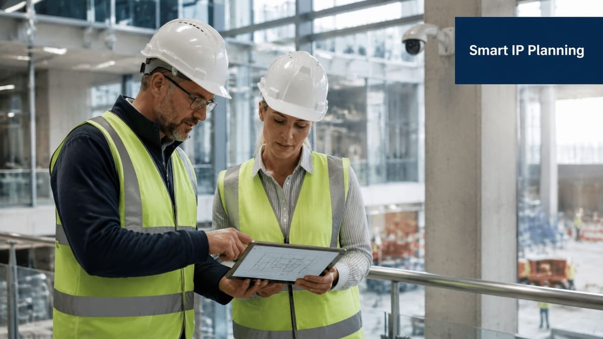 A construction manager and an engineer wearing hard hats and high visibility vests looking at a digital tablet.