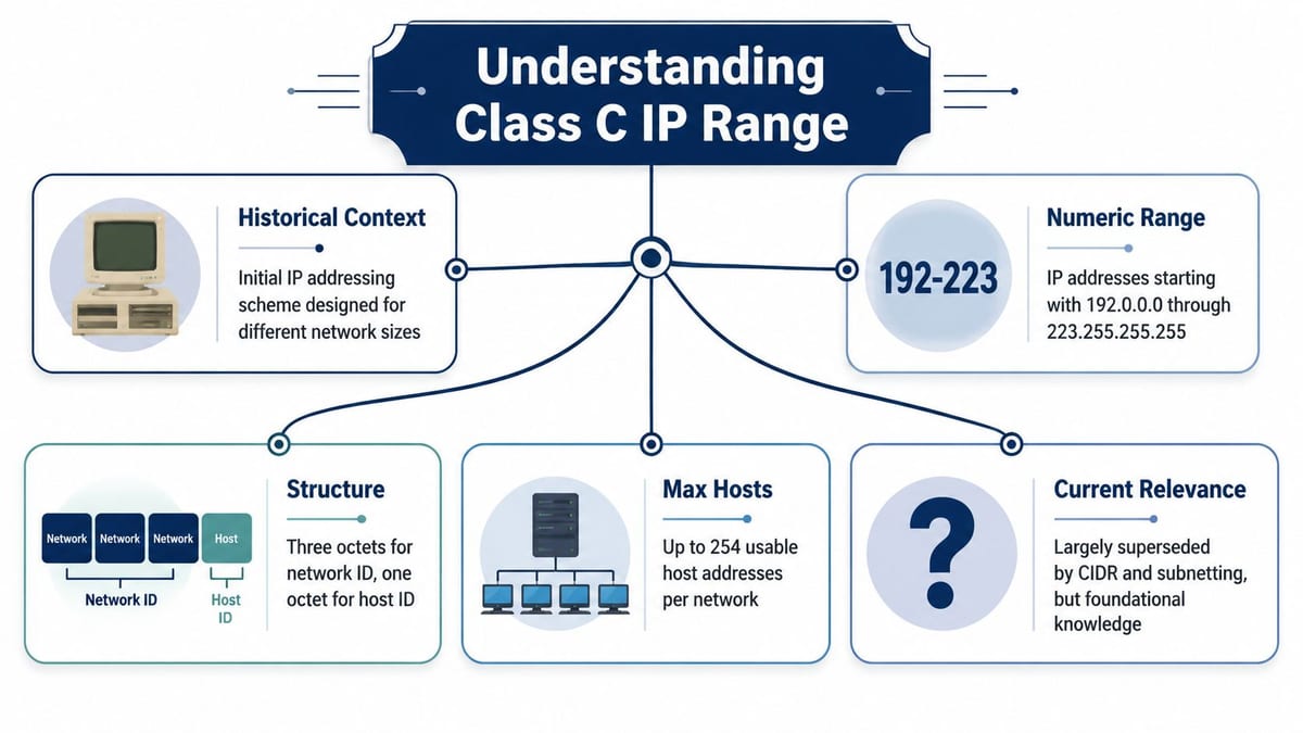 An infographic diagram explaining the historical context, structure, and technical details of Class C IP addresses.