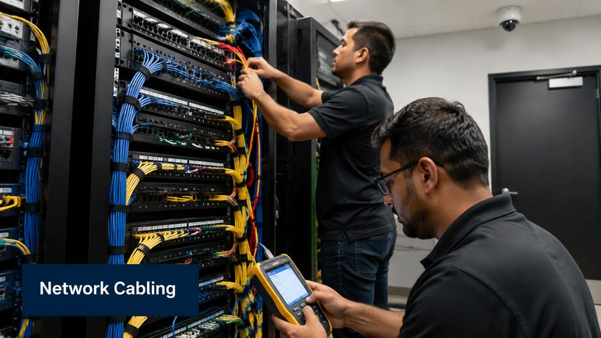 A technician testing network cables in a server room while another specialist organizes the equipment.