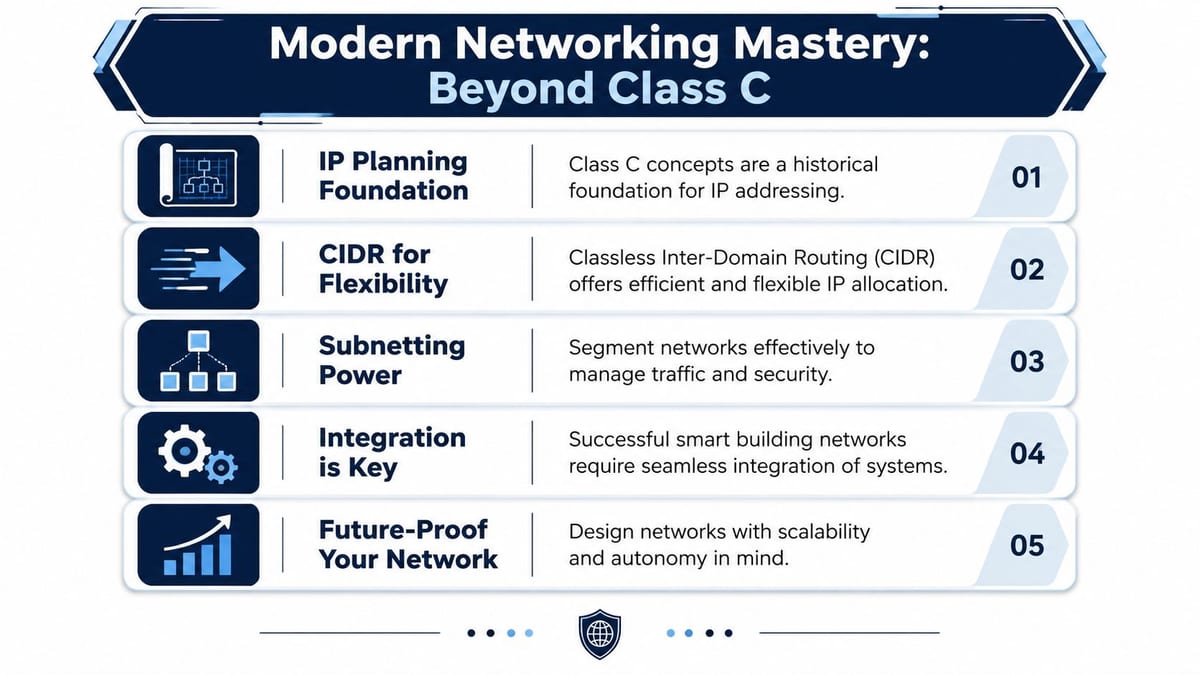 An infographic titled Modern Networking Mastery Beyond Class C, highlighting key concepts like IP planning, CIDR, and network scalability.