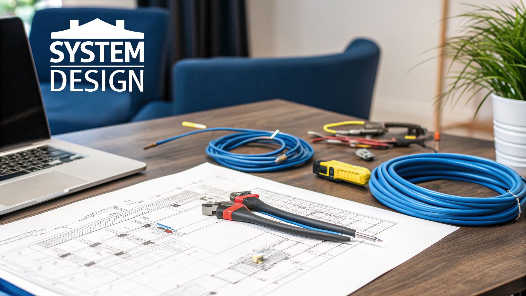A workspace featuring architectural plans, network cables, and tools for system design and installation.