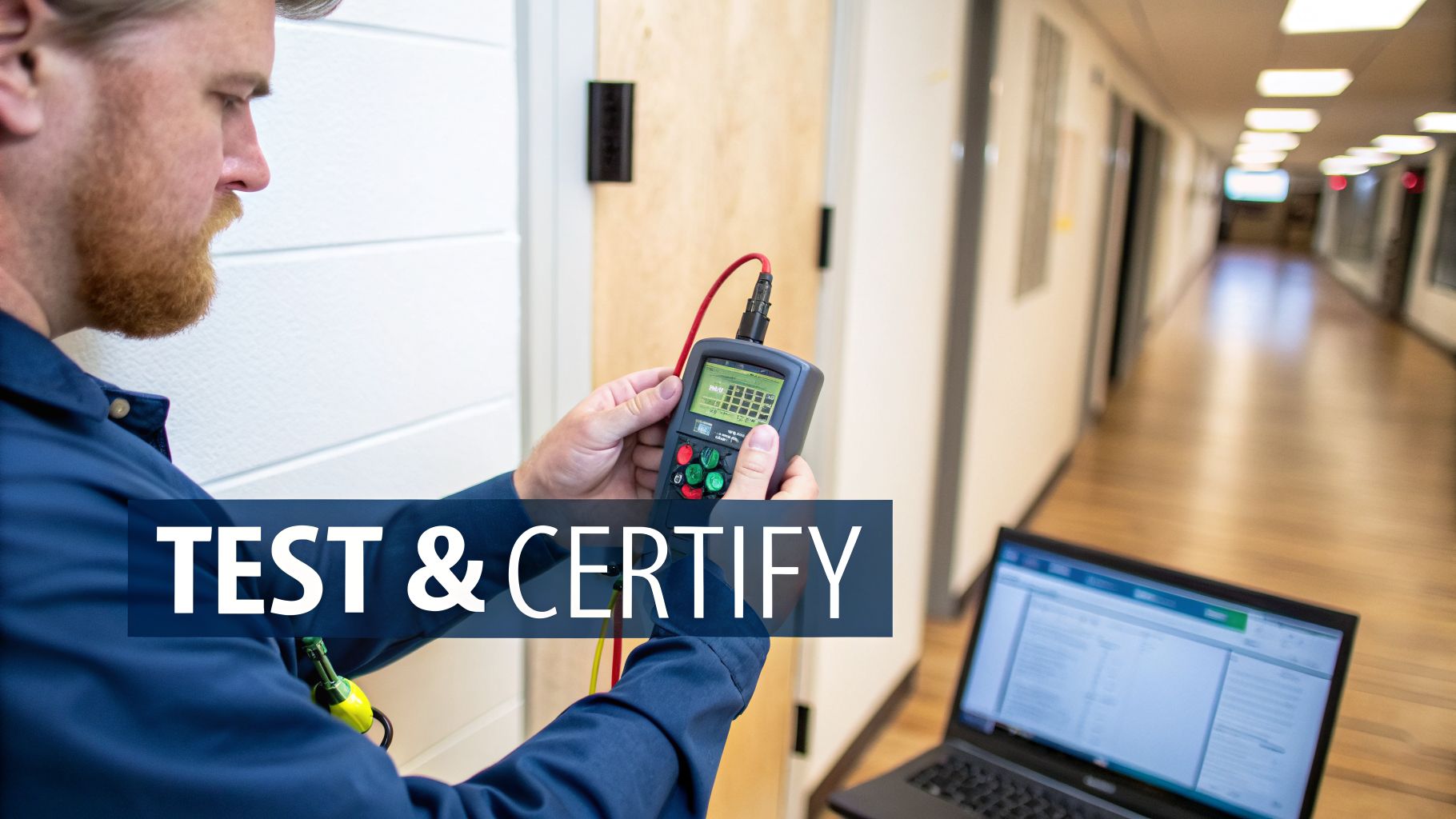 A man in a blue shirt uses a handheld device to test cables, with a laptop nearby and 'TEST & CERTIFY' text overlay.