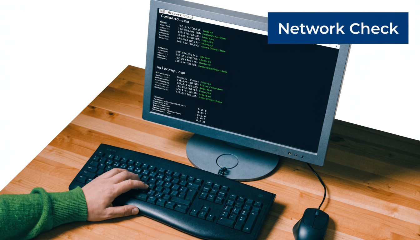 A person using a computer keyboard to view network command prompt data on a desktop monitor.