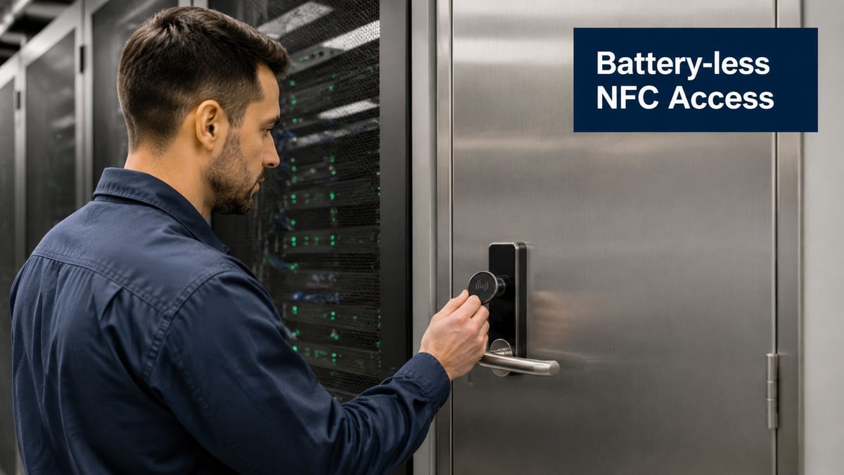 A professional technician using a battery-less NFC key fob to unlock a secure server room door.