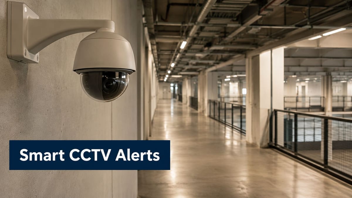 A modern security CCTV dome camera mounted on a wall inside a long industrial hallway