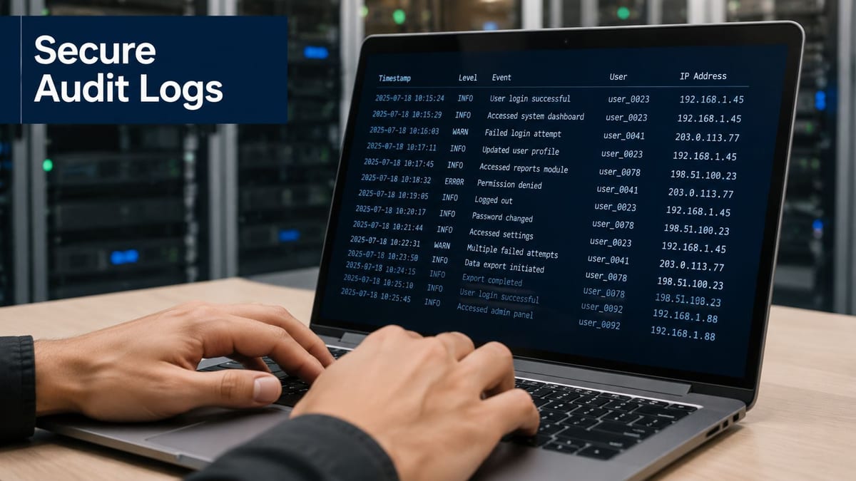 A professional analyzing secure audit logs on a laptop screen inside a modern server room environment.
