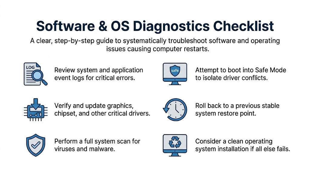 A diagnostic checklist for troubleshooting software and operating system issues causing a computer to restart repeatedly.