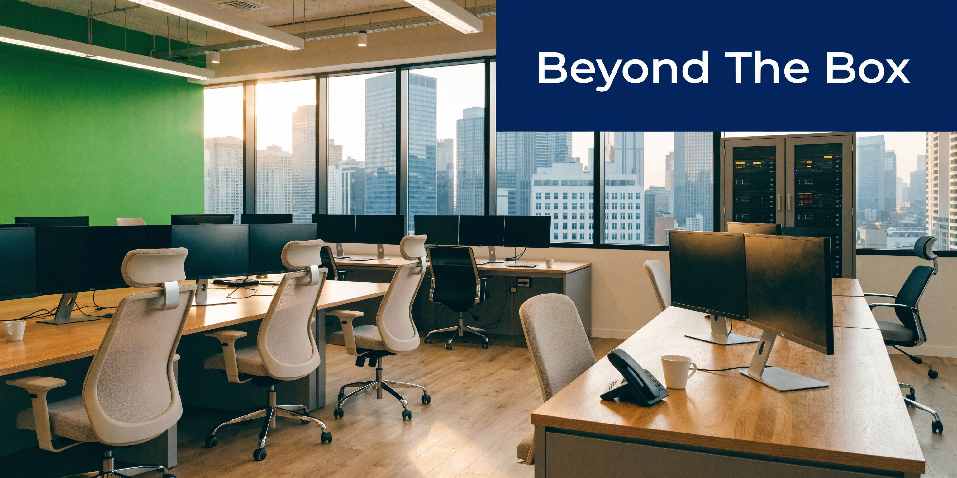A bright, modern office workspace featuring multiple computer monitors, chairs, and large windows with city skyline views.