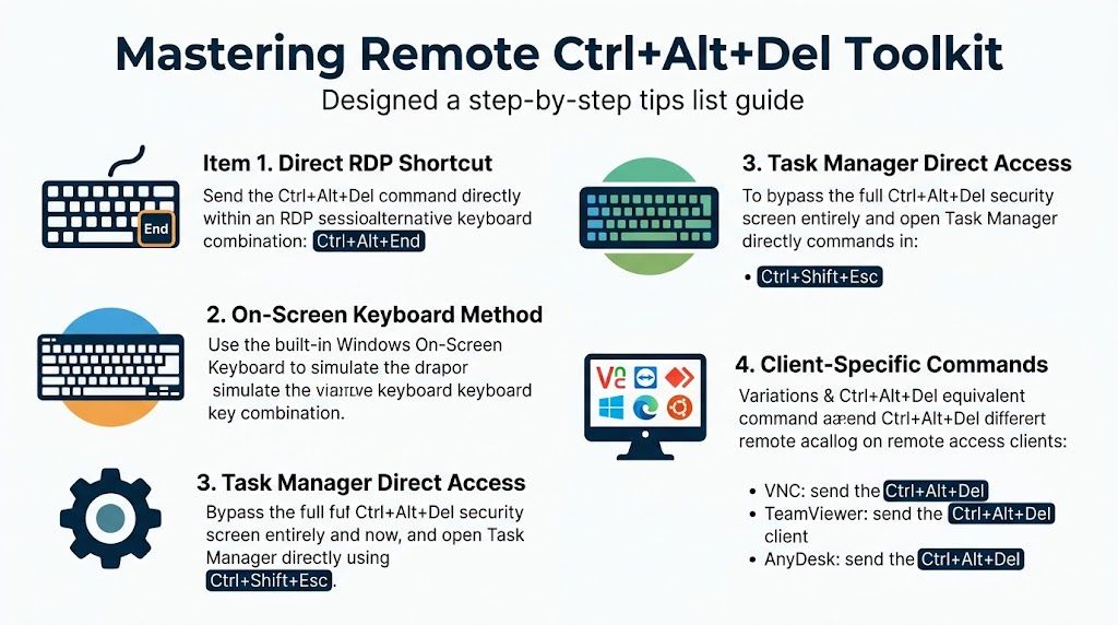 An infographic titled Mastering Remote Ctrl+Alt+Del Toolkit, showing keyboard shortcuts for remote desktop management operations.