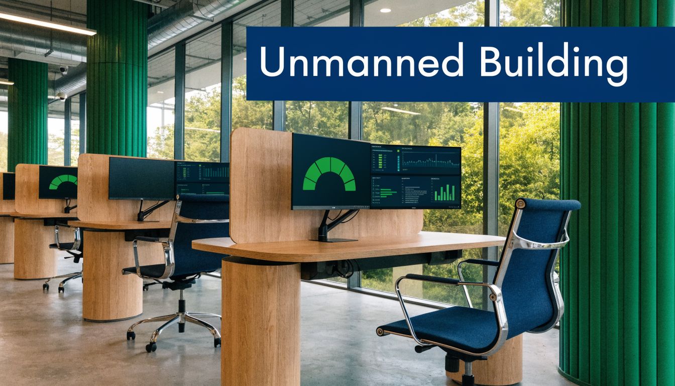 A modern, unmanned office workspace with desk monitors displaying digital data and analytical graphs.