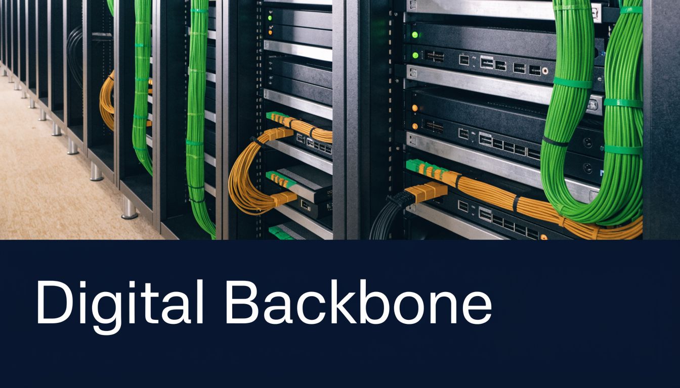 A view of multiple server racks in a data center with organized green and yellow networking cables.