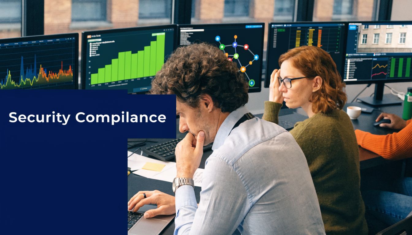 A professional team working on security compliance in a modern office with multiple computer monitors.